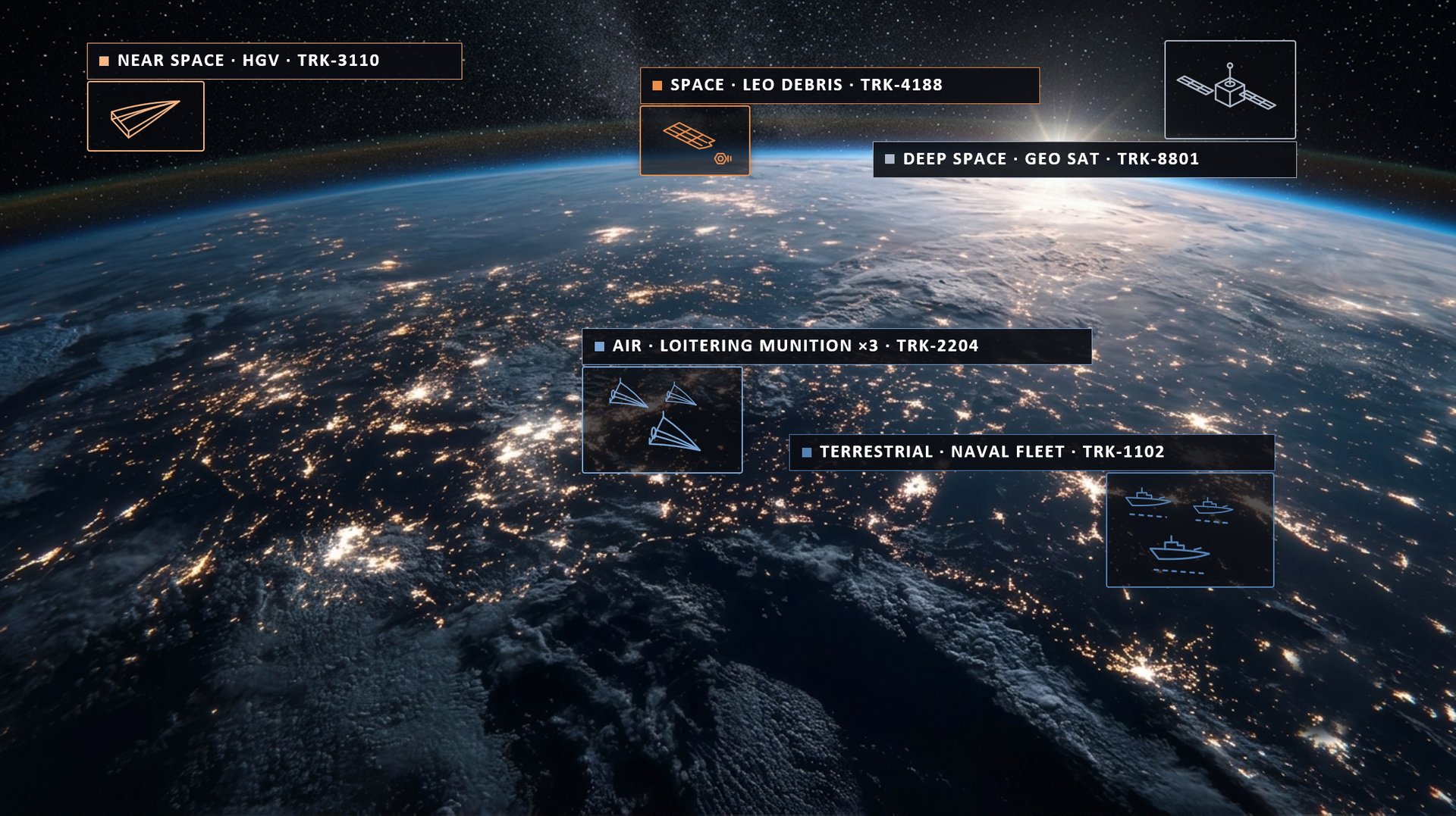 Multi-domain tracking picture: space, air, and terrestrial objects over Earth